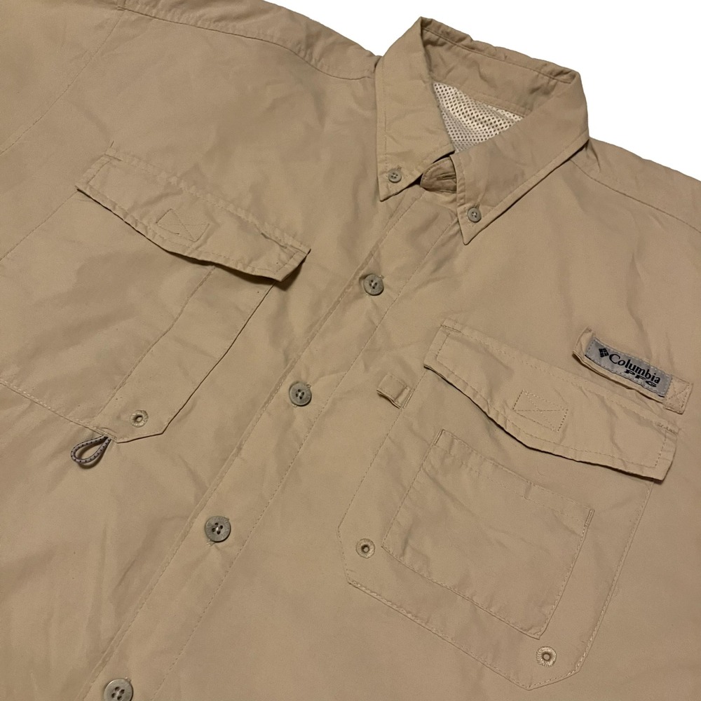 Columbia PFG Mens Short Sleeve Fishing Shirt Tan Khaki Omni-Shade Large Utility - Picture 5 of 9